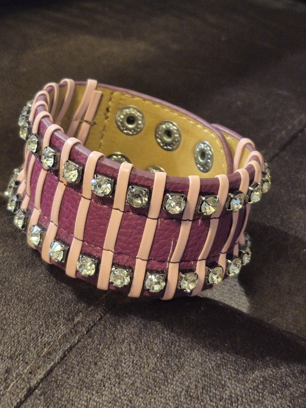 Studded Pink & Silver Rhinestone Leather Cuff Bracelet